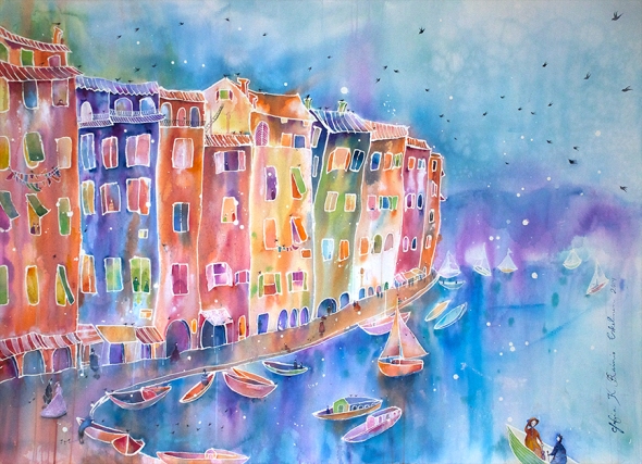 Portofino, akvarelli ja guassi, 2014, Myyty/Sold